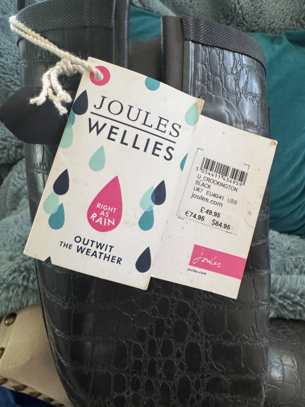 New w Tags Joules Women's Rain Boots - Black Crocodile Print Size 9 - Picture 2 of 2